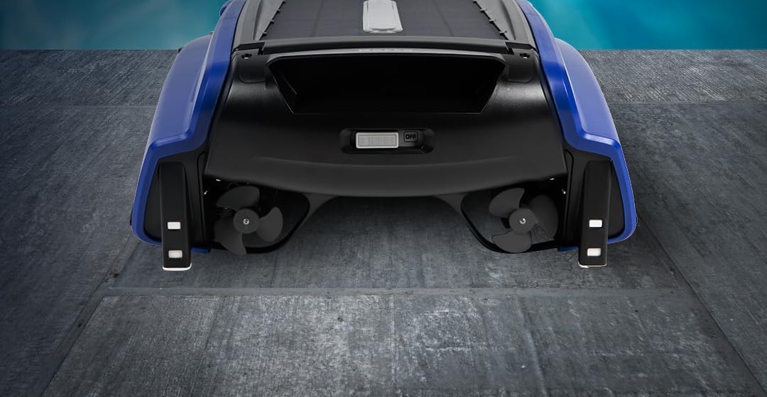 Underside view of the Betta SE on a concrete pool deck, with the twin propeller motors and rear lifting tabs visible.