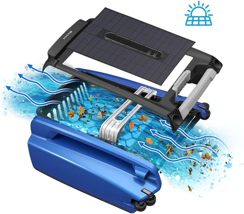 Exploded-view illustration of the Betta skimmer showing the top solar panel, the central debris basket with leaves and pollen collected inside, and water-flow arrows indicating surface intake.